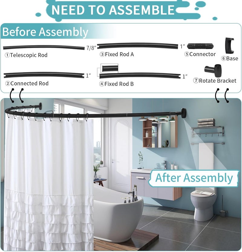 YNL Curved Shower Curtain Rod 35-82In(2.9-6.8Ft), Matte Black Rounded Rustproof Shower Rod for Bathroom Bathtub, Adjustable Arched Shower Rod, Never Rust|Extra Space|Non-Slip|Expandable|Need to Drill - Image 2